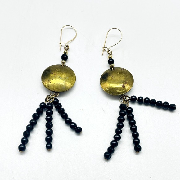 Jewelry - Gold Tone Disc Black Beaded Fringe Dangle Pierced Earrings Boho Statement